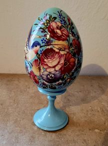 Vintage handpainted laquered egg on stand