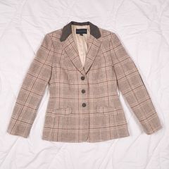 Helen McAlinden Brown Beige Checked 100% Wool Tailored Blazer Elbow Patches 10UK/38EU
