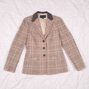 Helen McAlinden Brown Beige Checked 100% Wool Tailored Blazer Elbow Patches 10UK/38EU