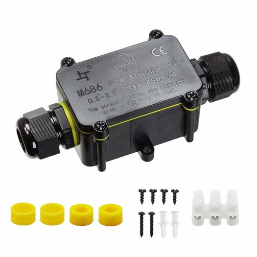 Waterproof Junction Box, HUYU 2-Way Outdoor Cable Connectors with 2 Cable M20 Gland Wire Connector Electrical Junction Box for 5-12MM Diameter Cable, 3 Pin Terminal, Black