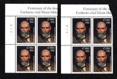2006 Ireland Death Centenary of Michael Davitt Commemorative Stamp Plate Blocks 1A1A1A1A & 1B1B1B1B Mint Never Hinged (MNH)