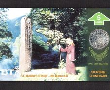 1995 Ireland 5 unit Irish International Collectors Fair Souvenir Phonecard issued by BT (British Telecom) showing St. Manim's Stone, Kilmainham Mint.