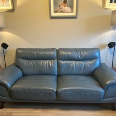 Modern Slate Blue Genuine Leather Sofa 3 seater