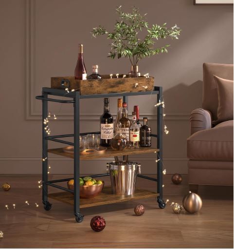 Industrial Style Serving Trolley Kitchen Trolley with Removable Tray with Adjustable Feet and Wheels Kitchen Shelf Steel Frame 65 x 40 x 86 cm Brown Rustic Black