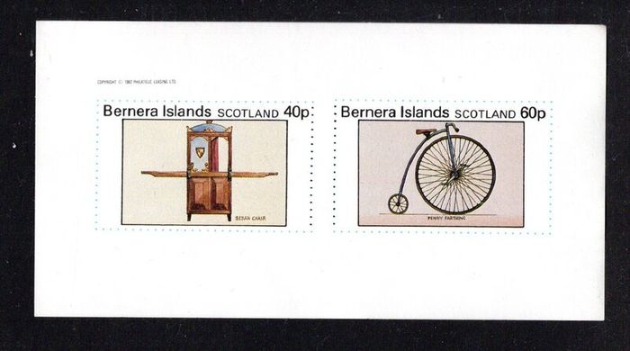 1982 Scotland Bernera Islands Transport (Cinderella Stamps) miniature sheet showing 40p Sedan chair and 60p Penny Farthing Bicycle Mint Never Hinged (MNH)
