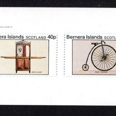 1982 Scotland Bernera Islands Transport (Cinderella Stamps) miniature sheet showing 40p Sedan chair and 60p Penny Farthing Bicycle Mint Never Hinged (MNH)