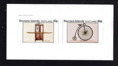 1982 Scotland Bernera Islands Transport (Cinderella Stamps) miniature sheet showing 40p Sedan chair and 60p Penny Farthing Bicycle Mint Never Hinged (MNH)