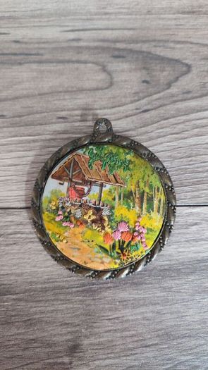 X3 vintage framed creative circle CrossStitch Embroided pictures wishing well, mill and fishing harbour