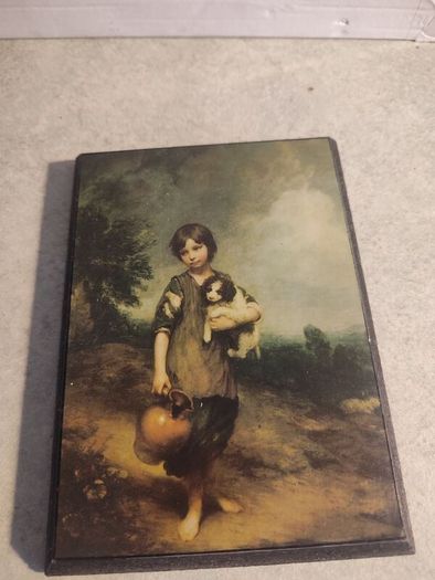 SMALL PRINT ON WOOD PLQUE OF Cottage Girl with a Dog and Pitcher - Gainsborough