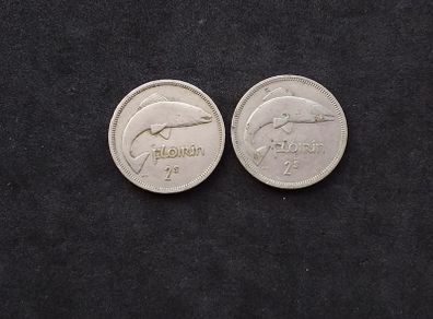 Vintage 1963 and 1965 Irish Florins (Two Shilling Coins) - Salmon Design