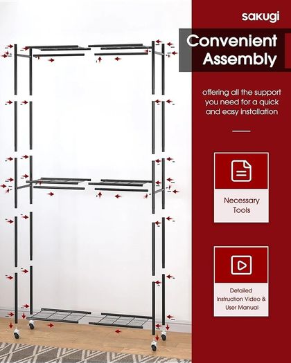 Clothes Rail  Clothes Rack with Shelves & Wheels, Multi-Functional Clothing Rail with Hooks, Sturdy Metal Garment Rack for Bedroom, Laundry, Balcony, 84cm / 31cm / 202cm, Black