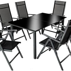 Aluminum polyrattan 6+1 seating set, 6 folding chairs & 1 table with glass tops - various colors, dark gray