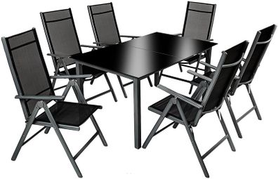 Aluminum polyrattan 6+1 seating set, 6 folding chairs & 1 table with glass tops - various colors, dark gray