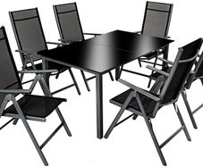 Aluminum polyrattan 6+1 seating set, 6 folding chairs & 1 table with glass tops - various colors, dark gray
