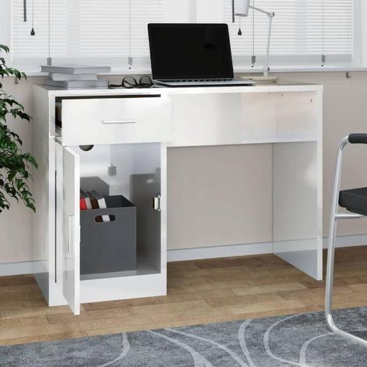 Desk with Drawer & Cabinet High Gloss White