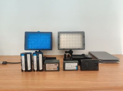 2 x Neewer CN 160 LED lights with Sony NP-F batteries, colour diffusers and chargers