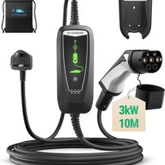 EV Charger Type 2 to 3 Pin Plug, 3kW | 8A-13A | 10M Portable EV Charger, Electric Car Charger Type 2 Charging Cable with LED Indicators IP66 Waterproof for EVs & PHEV