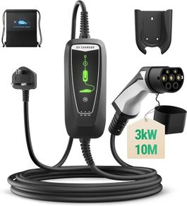 EV Charger Type 2 to 3 Pin Plug, 3kW | 8A-13A | 10M Portable EV Charger, Electric Car Charger Type 2 Charging Cable with LED Indicators IP66 Waterproof for EVs & PHEV