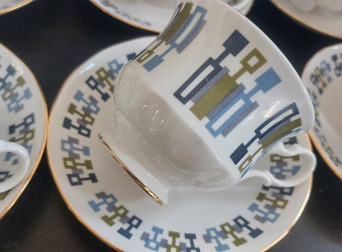 Fabulous Vintage China Set of Six Duos by Royal Kent Bone China in a Cool Vintage Retro Abstract 70s Pattern