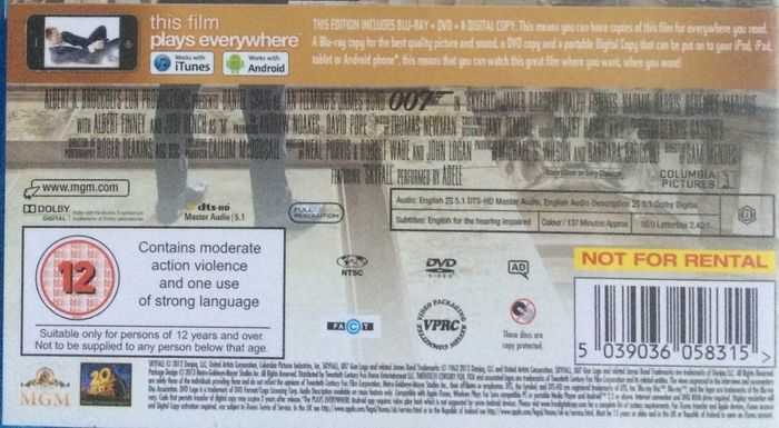 007 James Bond: Skyfall [2012] Daniel Craig, Javier Bardem, Judi Dench, Naomie Harris, Ben Whishaw, Ralph Fiennes, Berenice Marlohe & Albert Finney [Blu-ray+DVD Movie]