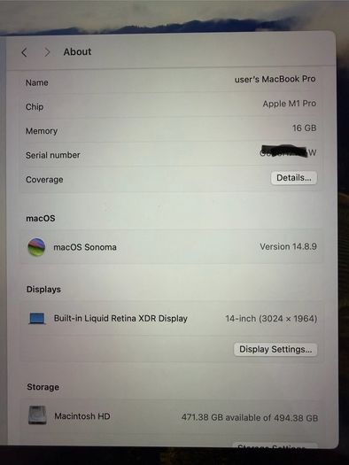 MacBook Pro 14 inch M1 16GB RAM 512GB SSD Silver