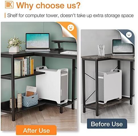 Small Corner Desk, 120 x 50 cm Gaming Desk with Reversible Storage Shelves, L Shaped Desks with Monitor Stand and PC Stand for Home Office, Computer Desks with Headphone Hooks, Black