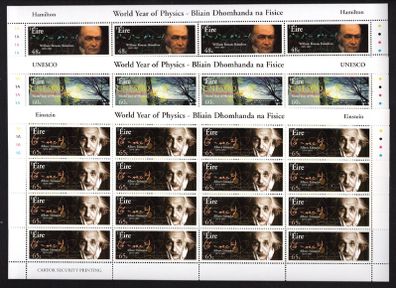 2005 Ireland World Year of Physics Commemorative Stamp Sheetlet Plate 1A1A1A1A Mint Never Hinged (MNH). 48c Rowan Hamilton, 60c UNESCO & 65c Albert Einstein.