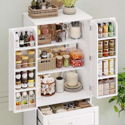 Kitchen Cupboard Tall Kitchen Cabinet Pantry Cupboard with 2 Doors Storage Free Standing Sideboard Storage Cabinet, 2 Drawers, Adjustable Shelves 60x40x120cm White