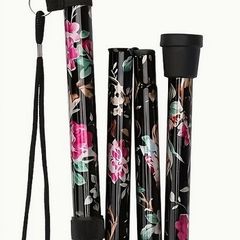 Folding Walking Stick, Black Floral