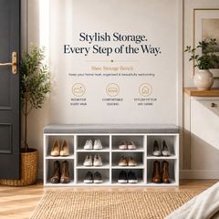 Padded shoe bench white-grey  shoe bench, shoe rack,
