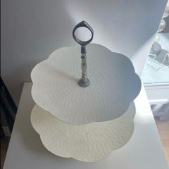 Reduced Gorgeous Daisy shaped two tier hammered enamel nickel plated metal cake stand