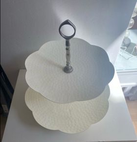 Reduced Gorgeous Daisy shaped two tier hammered enamel nickel plated metal cake stand