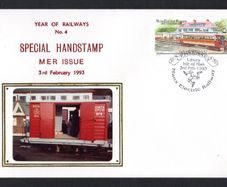 1993 Isle of Man Cover showing Year of Railways No 4 Special Handstamp MER Issue tying 20p No 1 Motor Car and No. 13 Trailer at Groudle Glen Hotel commemorative stamp