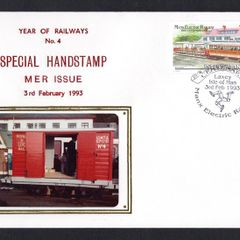 1993 Isle of Man Cover showing Year of Railways No 4 Special Handstamp MER Issue tying 20p No 1 Motor Car and No. 13 Trailer at Groudle Glen Hotel commemorative stamp
