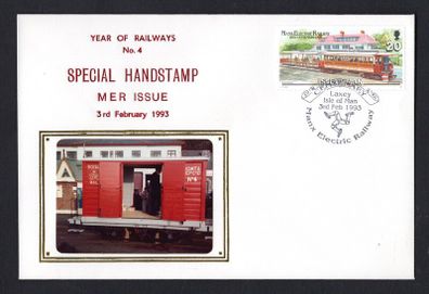 1993 Isle of Man Cover showing Year of Railways No 4 Special Handstamp MER Issue tying 20p No 1 Motor Car and No. 13 Trailer at Groudle Glen Hotel commemorative stamp