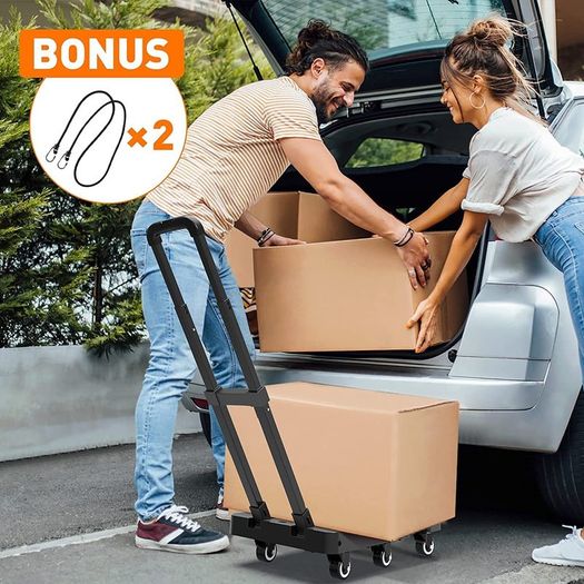 Folding Hand Truck, 6 Wheels Fold Up Hand Cart with 2 Elastic Ropes, Portable 225KG Capacity Heavy Duty Luggage Cart, Utility Dolly Platform Cart for Car House Office Luggage Moving, Black