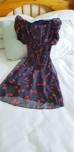 Navy Polka Dot Mini Dress with Bows - Size 6