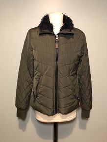 Ladies Green Diesel Puffer Jacket Fur lined Collar Winter Coat