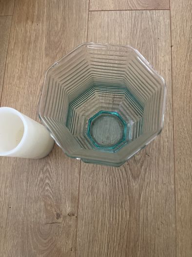 Large 8.5" tall flarred scalloped Aqua Glass Candle Holder or Vase with LED Candle