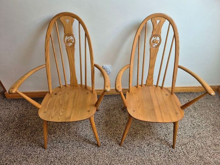Pair of Vintage Ercol Blonde Swan Back Carver Dining Chairs