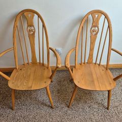 Pair of Vintage Ercol Blonde Swan Back Carver Dining Chairs