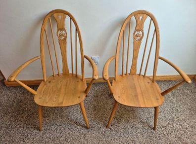 Pair of Vintage Ercol Blonde Swan Back Carver Dining Chairs