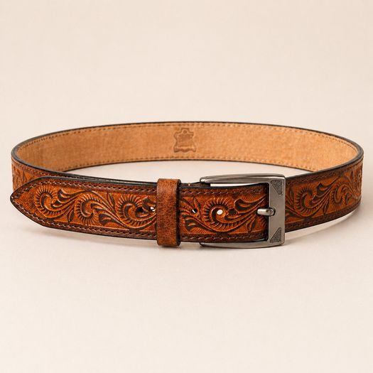 Unisex Genuine Leather Belt Vintage Embossed Design with Antique Buckle Casual & Formal Waist Belt