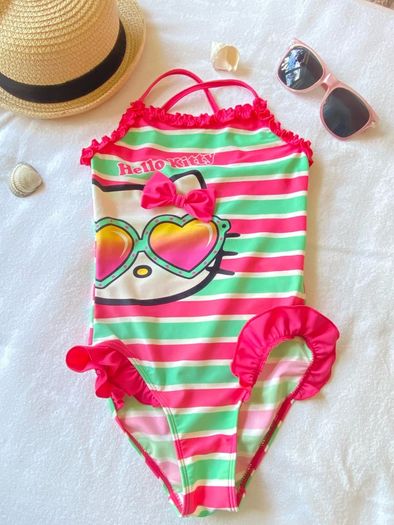 Kids Sanrio Hello Kitty Pink and Green Striped One Piece Swimsuit