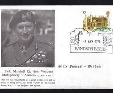 1976 Great Britain cover commemorative the state Funeral of Field Marshall Rt Hon Viscount Montgomery of Alamein tying 10p commemorative stamp with 1st April 1976 Windsor Berks cancel