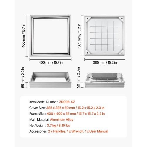 Manhole Cover with Frame, 400 x 400mm Invisible Recessed Septic Tank Access Covers, Aluminum Alloy Embedded Drain Channel Inspection