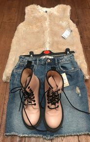 Girls gillet denim skirt and doc boots