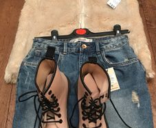 Girls gillet denim skirt and doc boots