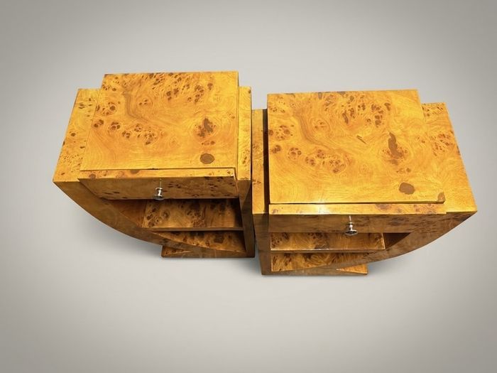 Olive Burl Pair Of Art Deco Style Bedside Lockers / Nightstands