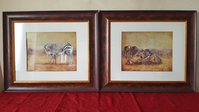 2 Piece Vanessa Jayne Large Wooden And Glass Framed Prints - Lion Family And Zebra Family